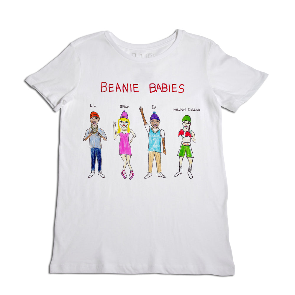 White t-shirt with a colorful illustration of four cartoon-style characters labeled "beanie babies," each depicting a different personality, laid flat on a plain background.