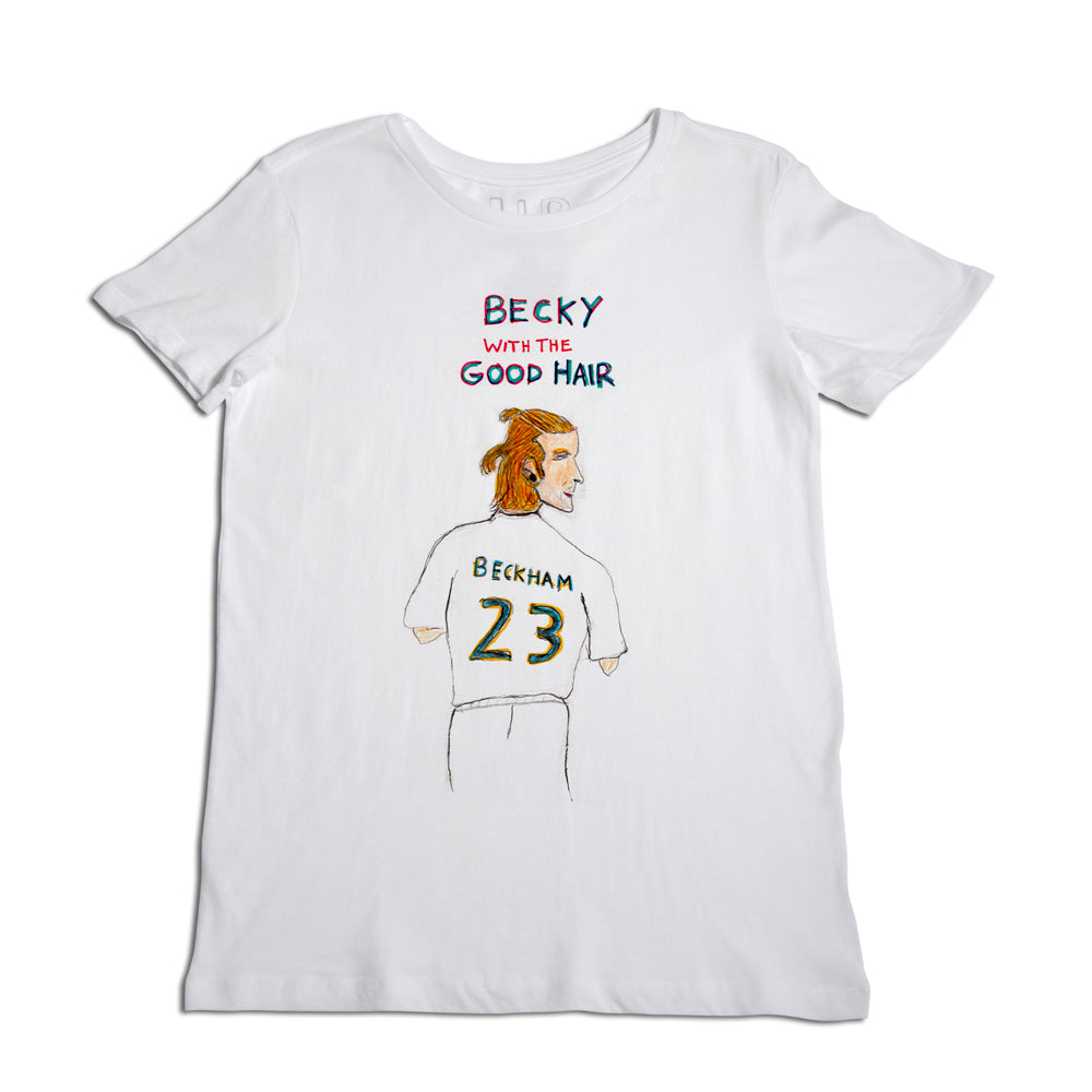 White t-shirt with an illustration of a person with orange hair wearing a sports jersey with the number 23, labeled "becky with the good hair.