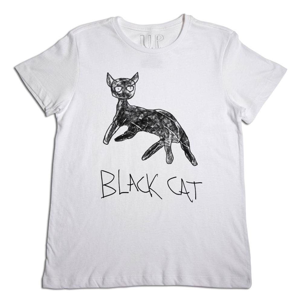 A white t-shirt featuring a black and white illustration of a cat in a leaping pose, labeled with the words "black cat" in bold, black letters.