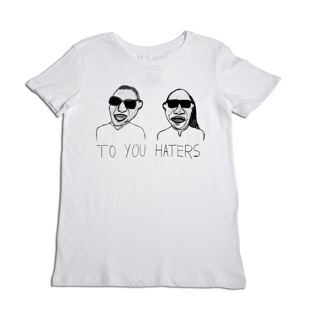 White t-shirt with a graphic of two stylized male faces wearing sunglasses and the phrase "to you haters" printed below them.