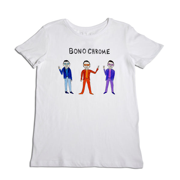 White t-shirt with an illustration of four male figures, each dressed in a different colored suit, bearing the text "bono chrome" above them.