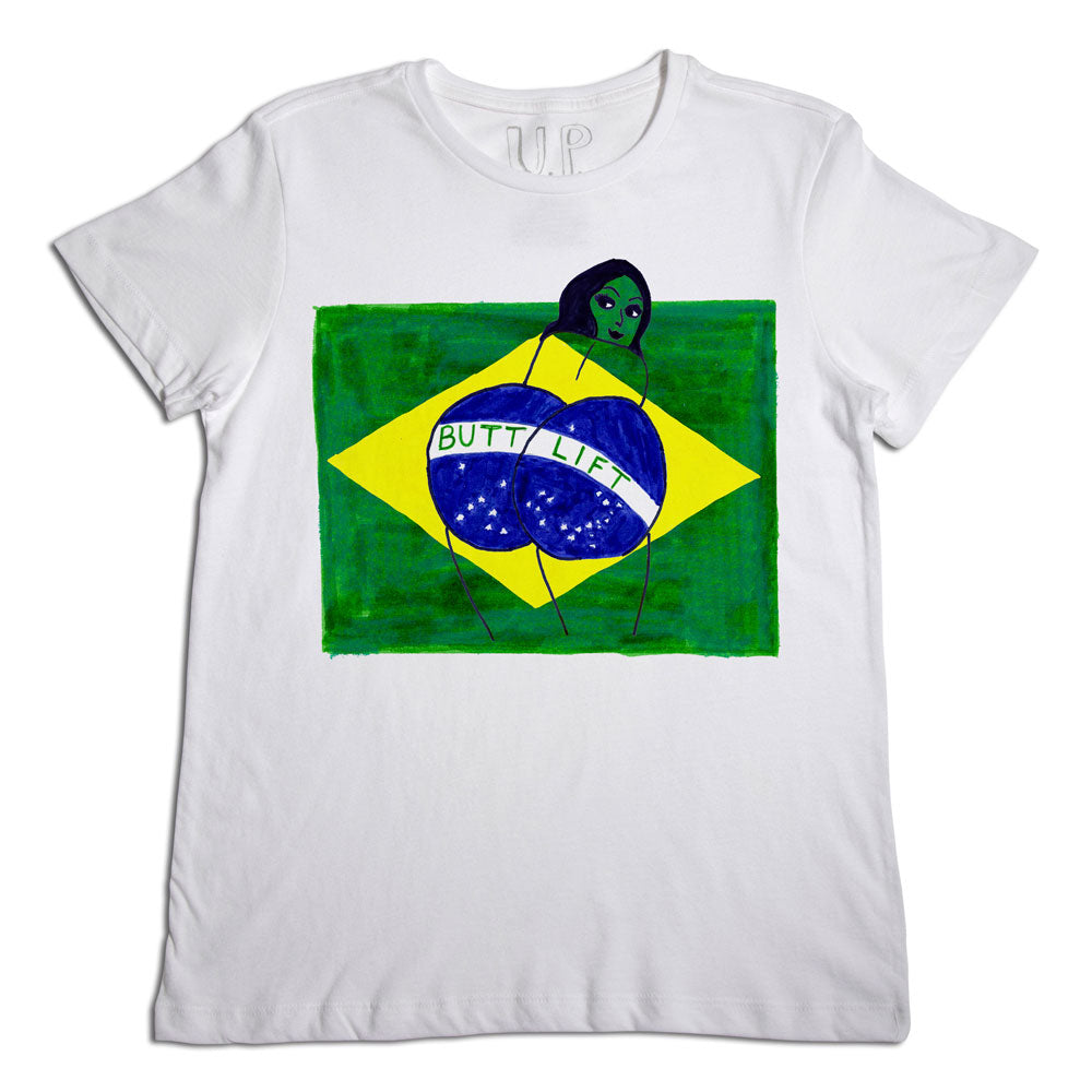 White t-shirt with a stylized green, yellow, and blue brazilian flag design, featuring a black outline of a woman's face in the center and the words "butt lift" across the flag.