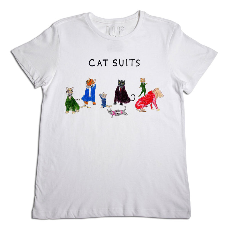 A white t-shirt with the text "cat suits" above a row of colorful illustrations of cats dressed in various outfits, including a superhero costume and formal wear.