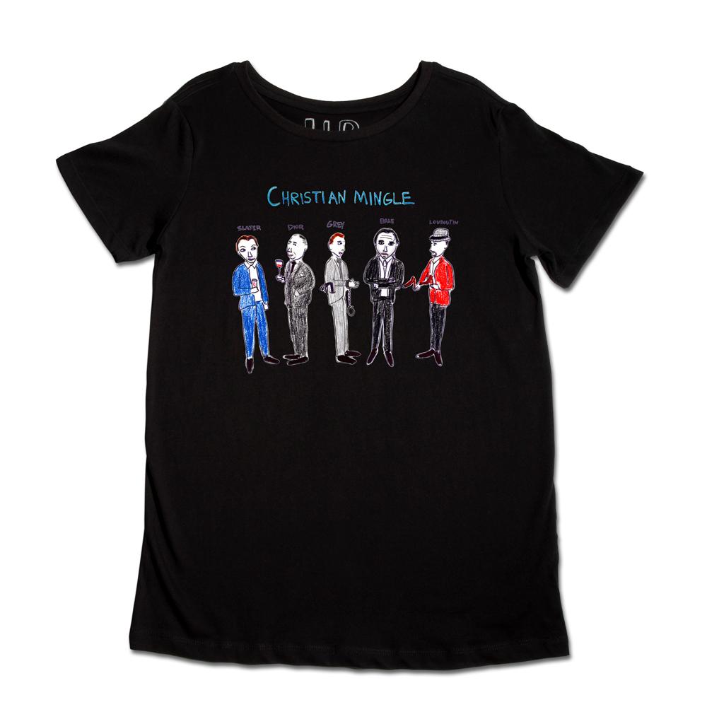 Black t-shirt featuring a cartoon of five stylized men in different colored suits with the text "christian mingle" above.