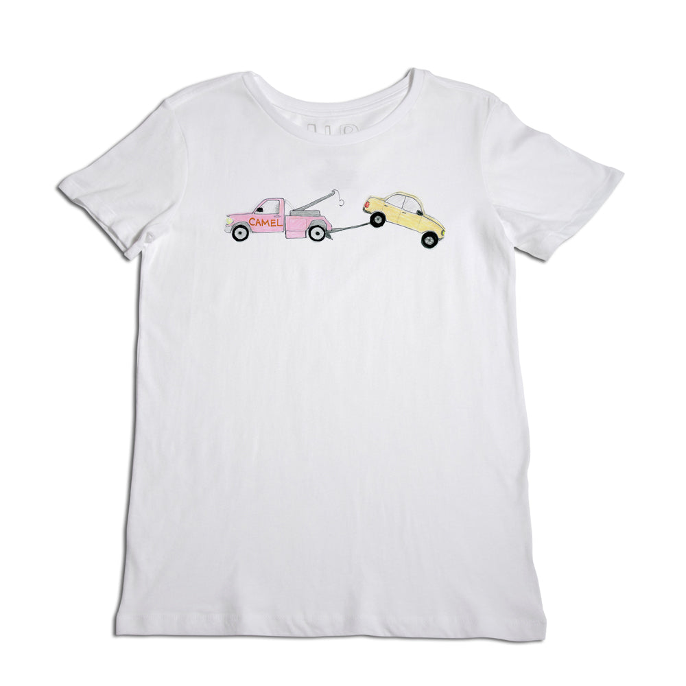 White t-shirt with a graphic of a pink tow truck towing a yellow car printed on the front. the shirt is displayed flat on a white background.