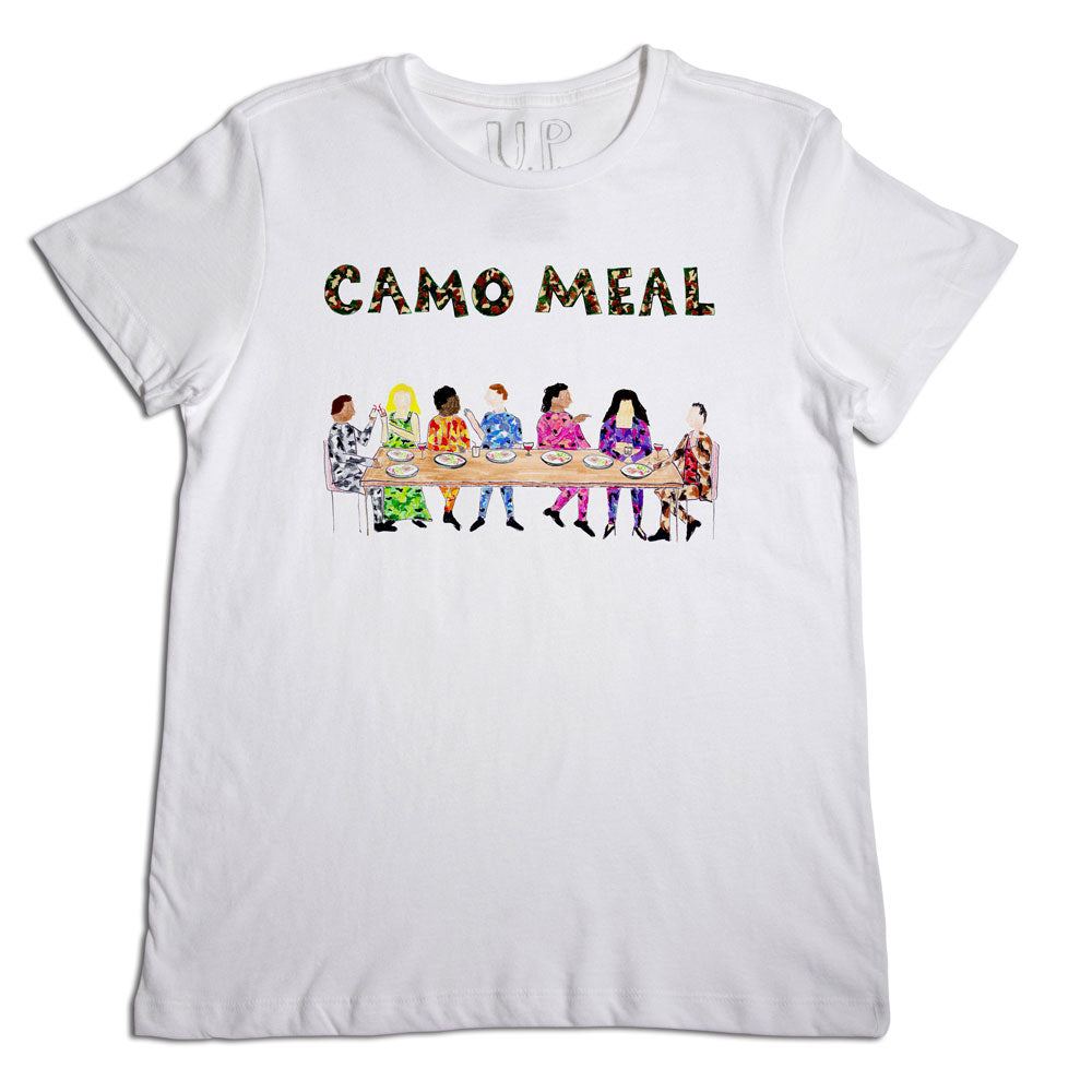 White t-shirt with the phrase "camo meal" in bold letters at the top, featuring a colorful graphic of diverse people in a line holding various dishes of food below the text.