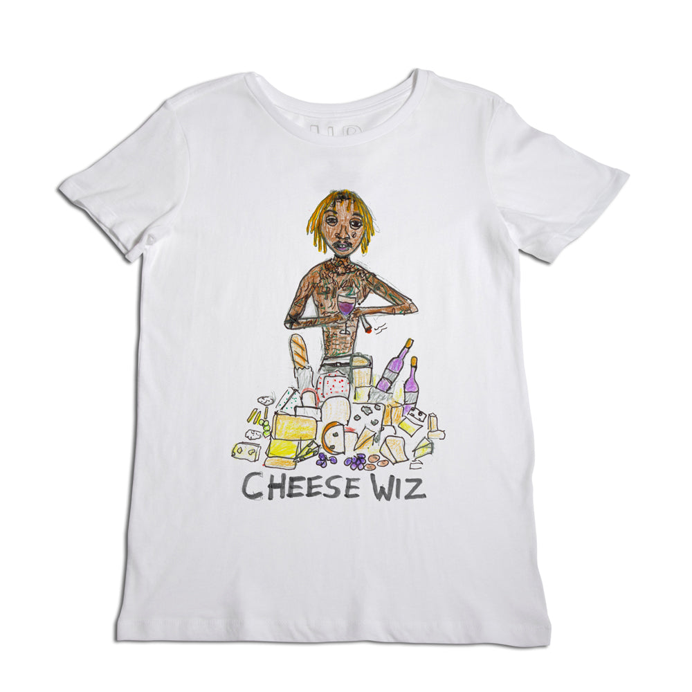 A white t-shirt with a colorful graphic design featuring a cartoon character surrounded by various food items and the words "cheese wiz" at the bottom.