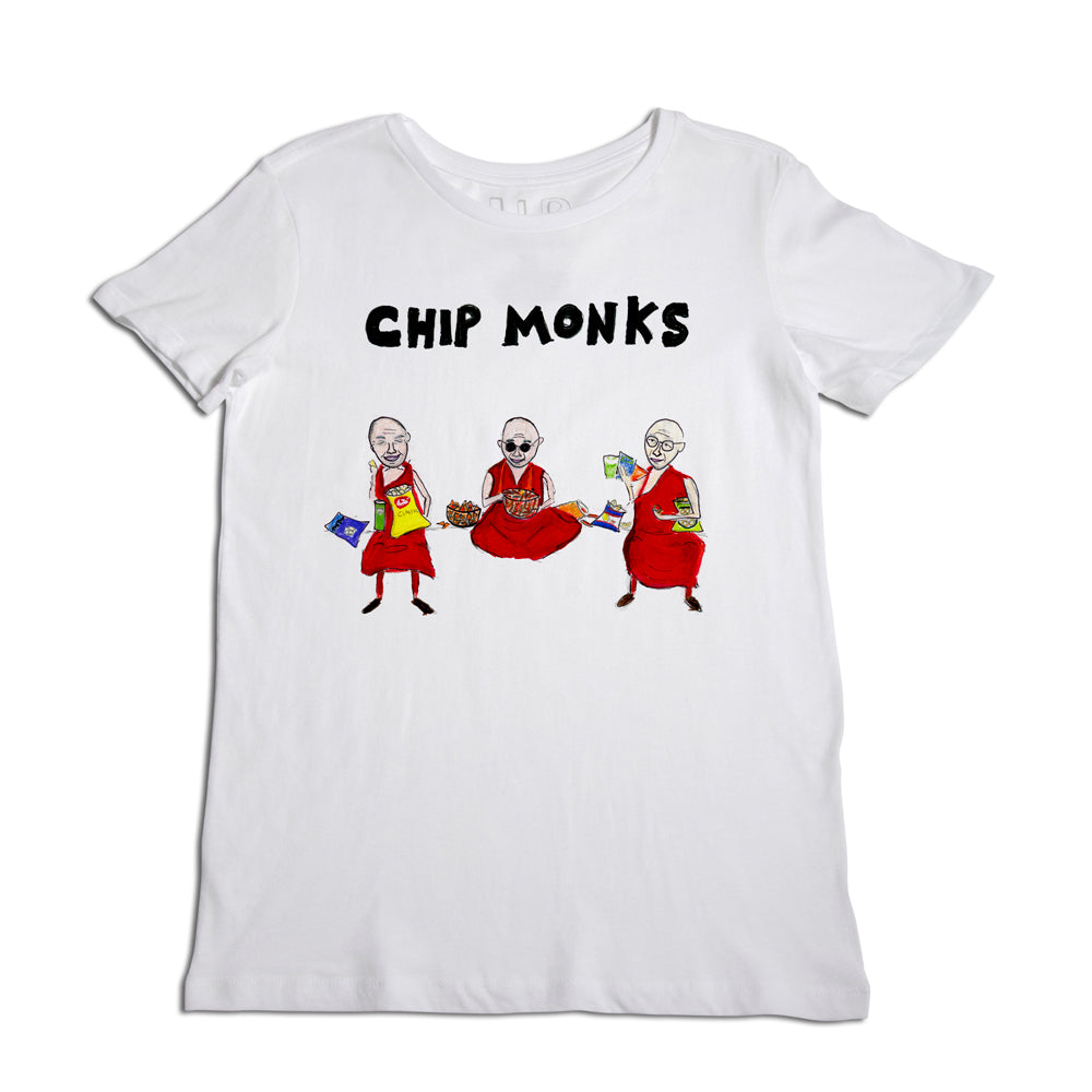 White t-shirt featuring a graphic of three monks, each holding a bag of chips, one in red and two in green outfits, with text above that reads "chip monks.