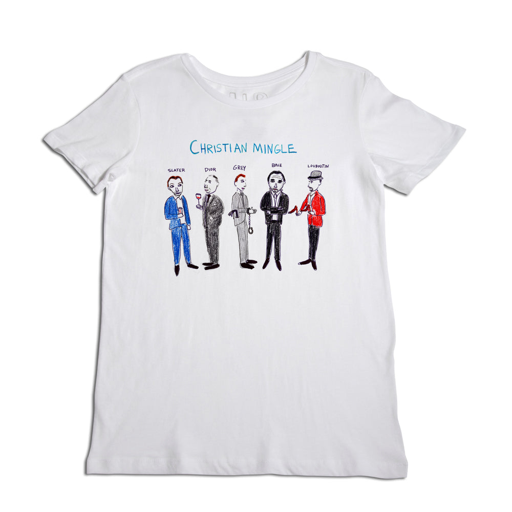 White t-shirt with an illustration of five diverse male figures in various outfits, labeled "blue collar," "dark dream," "gray," "the suit," and "leatherman," under the title "christian mingle.