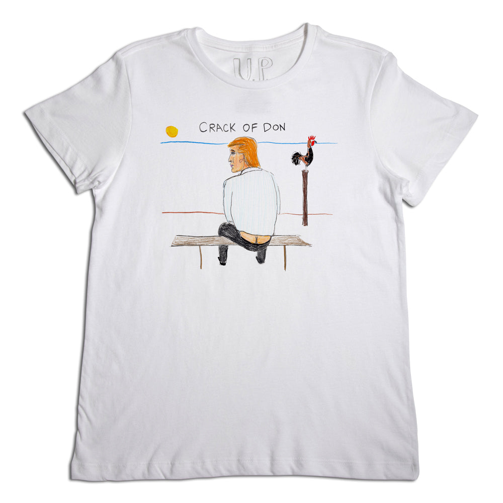 White t-shirt with a humorous graphic of a man sitting on a wooden beam labeled "crack of don," looking at a yellow sun, with a rooster nearby.