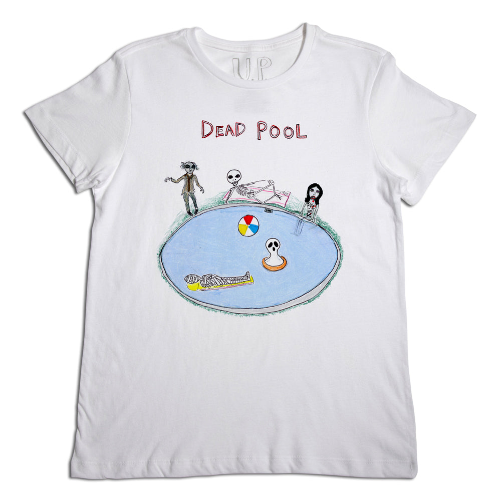 A white t-shirt featuring a cartoon illustration titled "dead pool" with skeletal figures lounging around a small pool, containing whimsical elements like a beach ball and a rubber ducky.