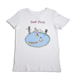 White t-shirt featuring a whimsical illustration titled "dead pool," depicting various cartoonish characters in humorous setups around a pool.