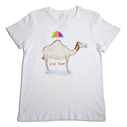 White t-shirt with a humorous illustration of a camel with an umbrella on its back standing in water, labeled "dry hump". the text "u.p." is visible at the top-center.