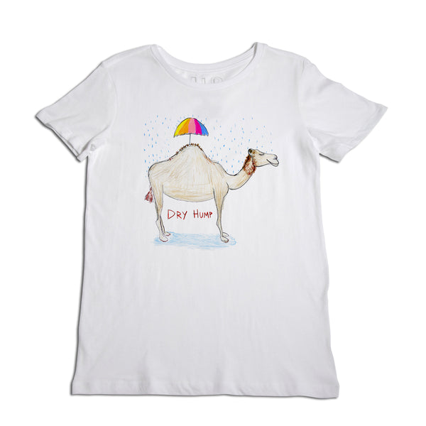 A white t-shirt with a humorous illustration of a camel carrying an umbrella on its back, labeled "dry hump" at the bottom, under blue droplet designs.