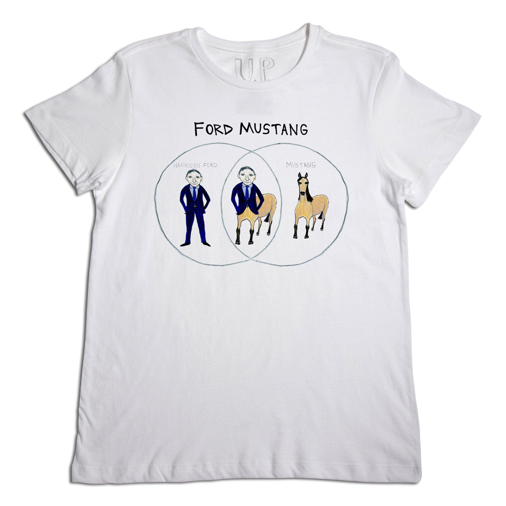 White t-shirt featuring a graphic with three circles; one with a blue suited man labeled "founding ford," a middle one with two men in suits labeled "ford mustang," and a third with a horse labeled "mustang.