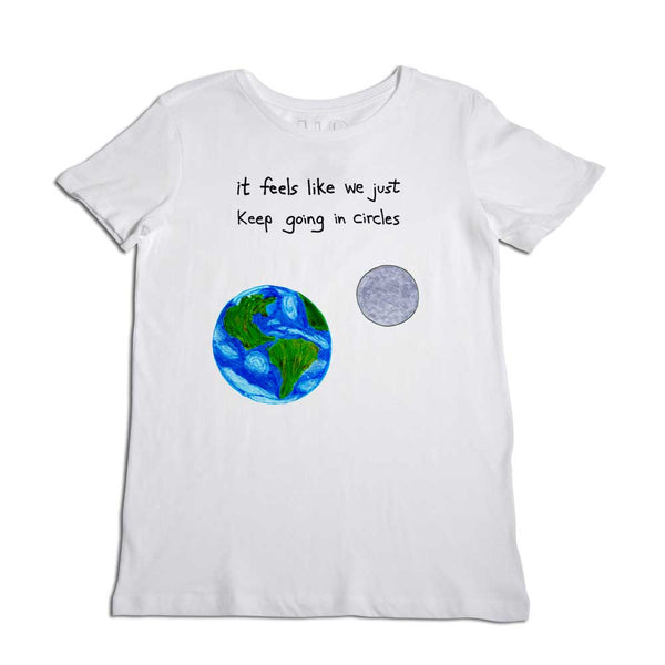 White t-shirt with a design featuring the text "it feels like we just keep going in circles" and images of earth and the moon on the front.