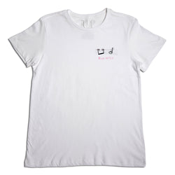 White t-shirt with a design featuring a musical note and a coffee cup printed near the chest area, labeled "high notes." the shirt is spread out flat and displayed on a neutral background.