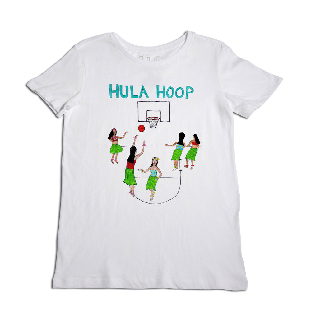 White t-shirt featuring a colorful graphic of children playing basketball and hula hooping, with the words "hula hoop" printed at the top.