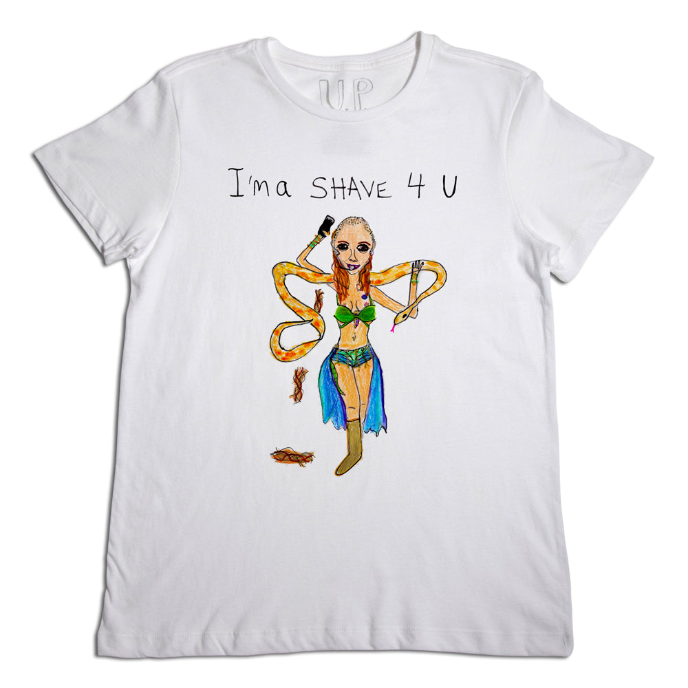 White t-shirt with a colorful illustration of a fantastical female character holding a razor and a snake, accompanied by the text "ima shave 4 u" at the top.