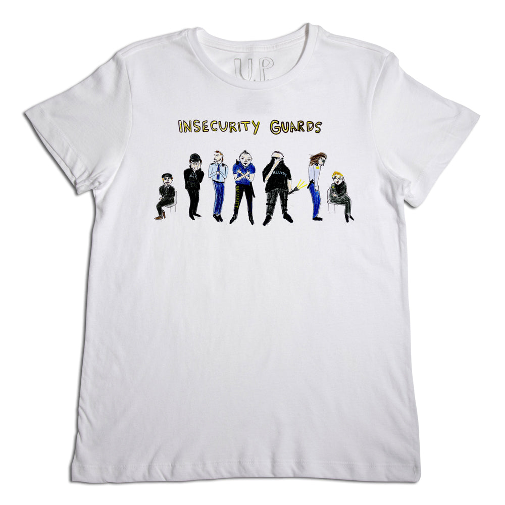 White t-shirt with the phrase "insecurity guards" above a graphic of seven cartoon characters dressed as quirky, mismatched security guards.