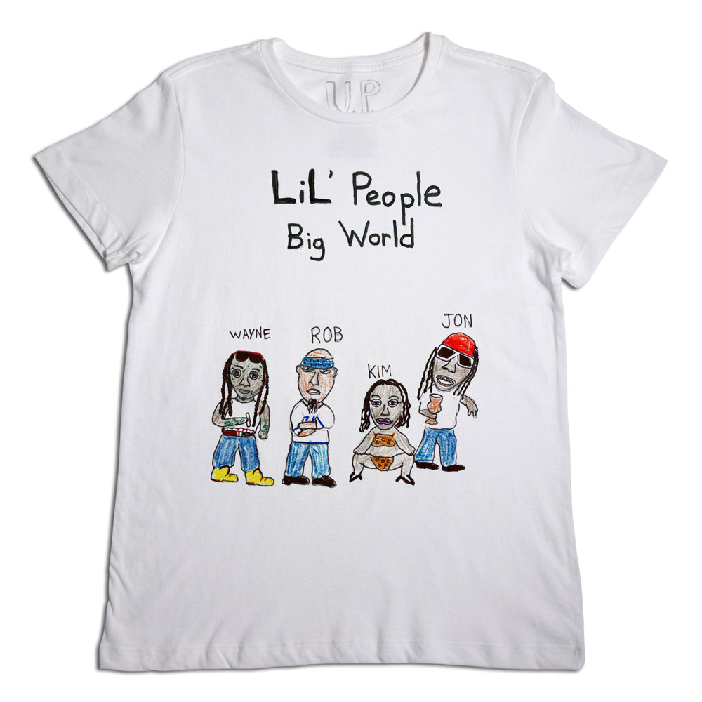 White t-shirt with a graphic of four cartoon characters labeled "wayne", "rob", "kim", and "jon" under the phrase "li'l people big world".