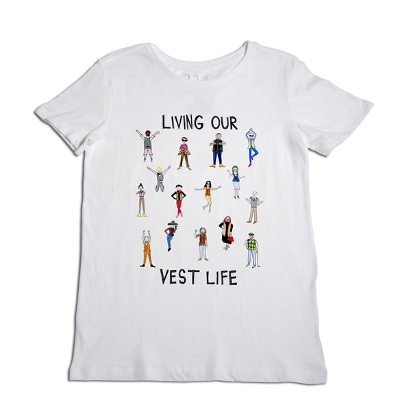 White t-shirt with the phrase "living our vest life" and illustrations of various people in colorful vests.