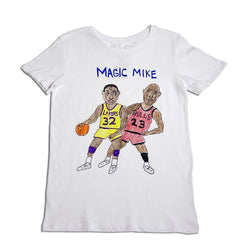 White t-shirt featuring hand-drawn illustrations of two famous basketball players in lakers and bulls uniforms, labeled "magic mike.