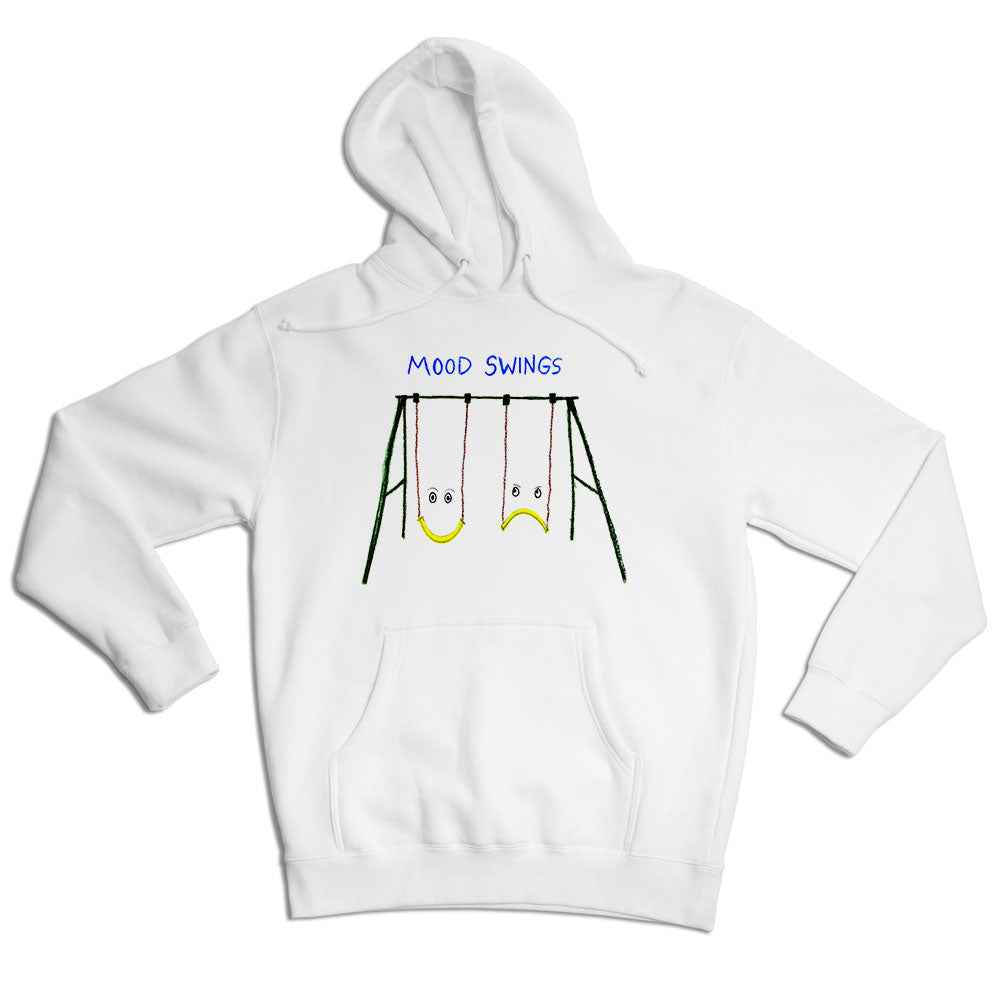 A white hoodie with a design featuring two swings, each resembling an emoji face: one smiling and labeled "mood", the other frowning and labeled "swings".