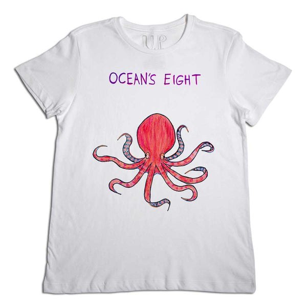 A white t-shirt featuring a central graphic of a red and pink octopus under the purple text "ocean's eight".