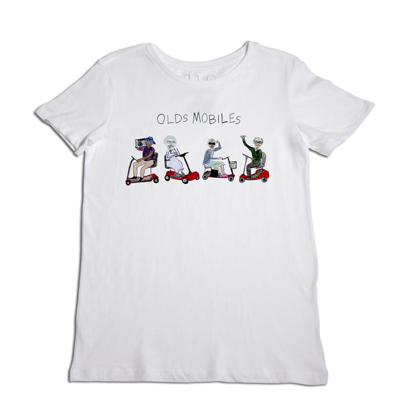 A white t-shirt with a playful graphic of five elderly individuals racing on scooters, each uniquely styled, captioned "olds mobiles" above the illustration.