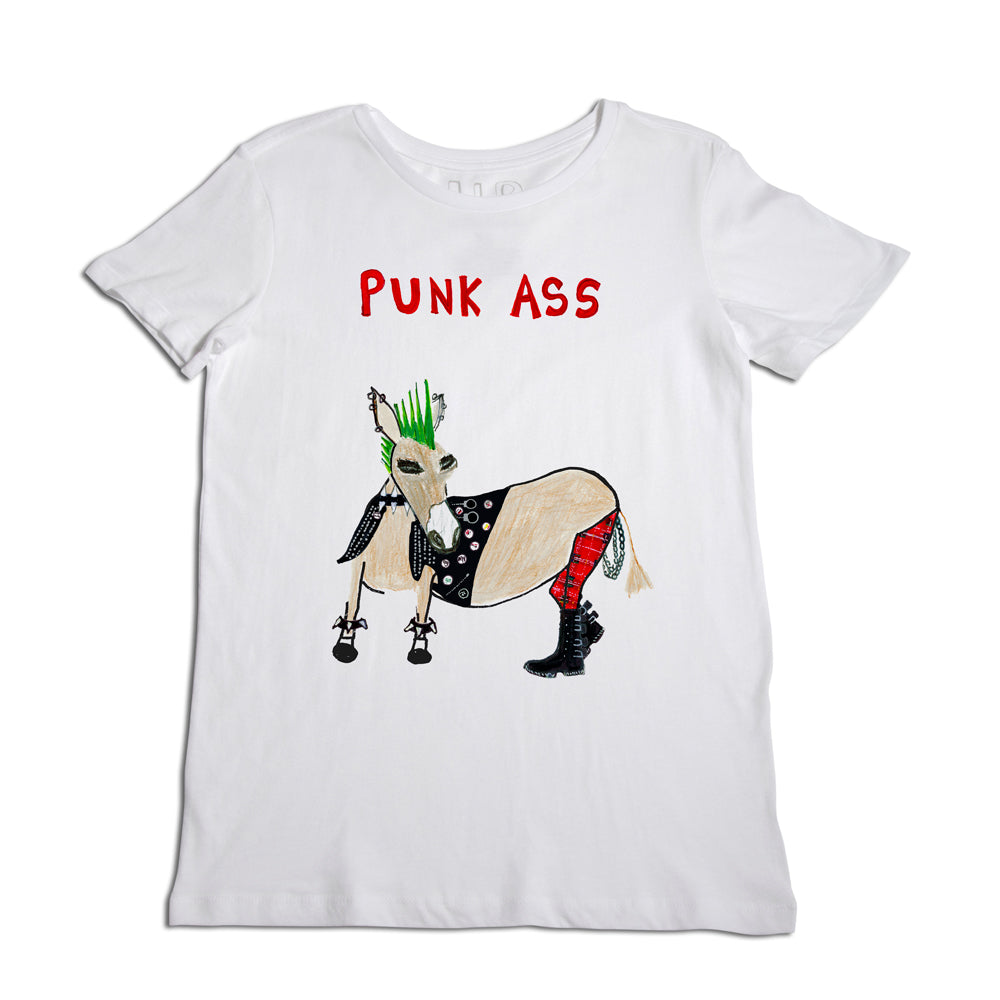 White t-shirt with a quirky graphic of an owl dressed in punk rock style, featuring a green mohawk and black boots, with the words "punk ass" in red above it.