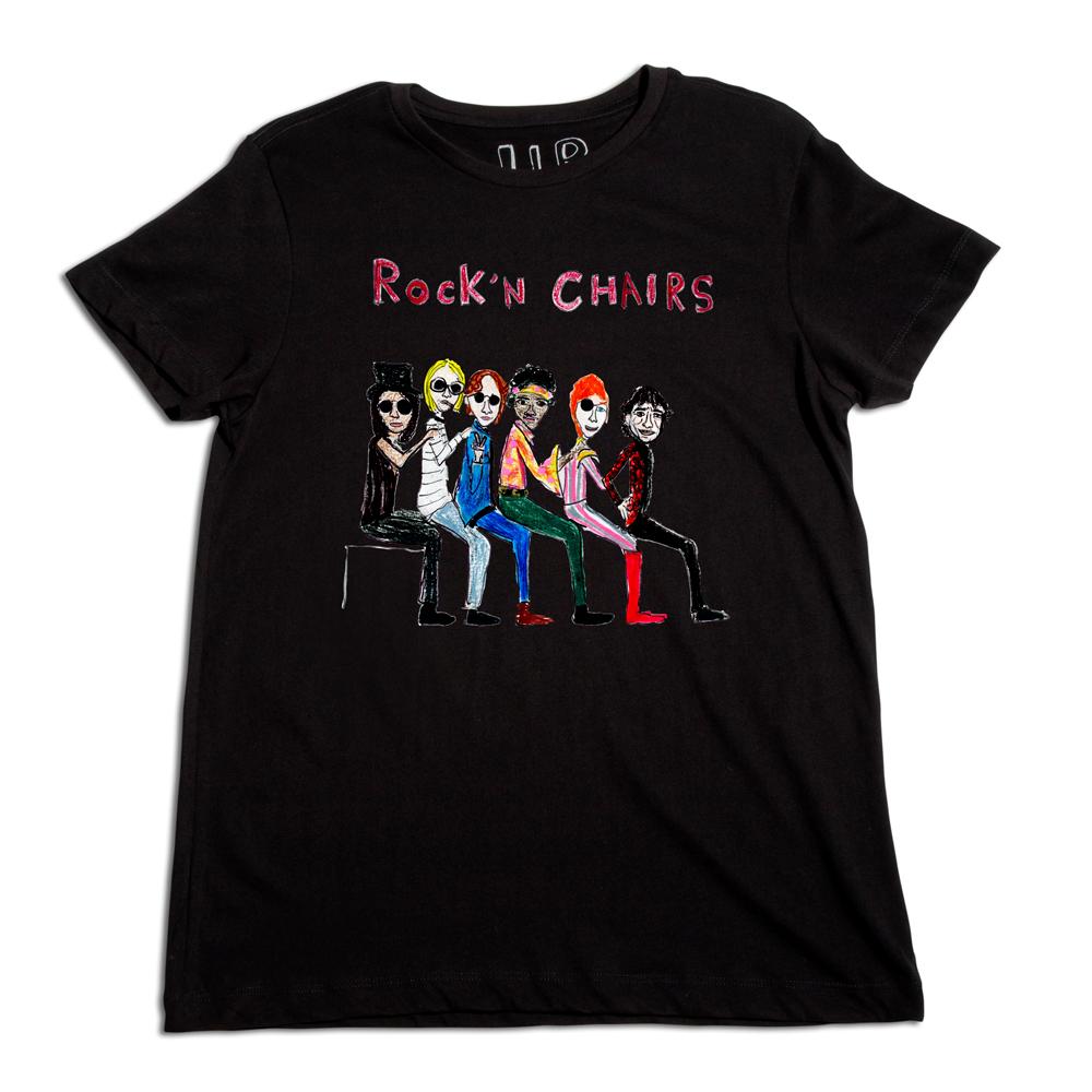 A black t-shirt displaying colorful cartoon illustrations of four iconic male musicians seated on chairs, with "rock'n chairs" written above in pink and white.