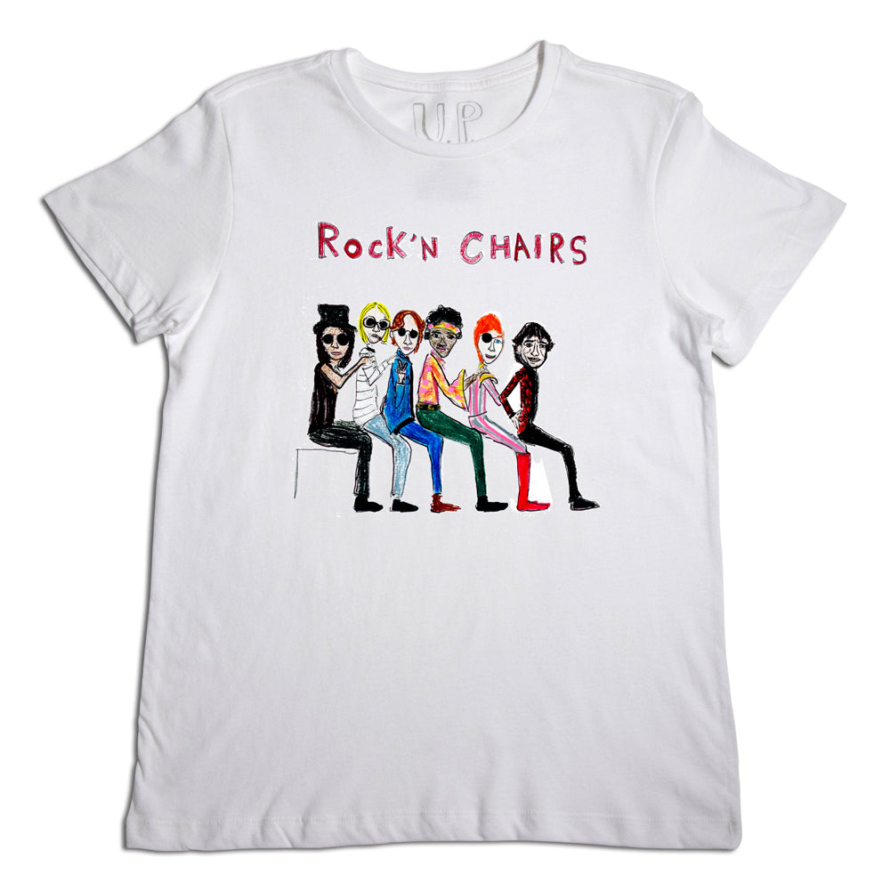 White t-shirt with a colorful graphic design featuring caricatures of five iconic male rock musicians from various eras, seated in a row on chairs, with the text "rock'n chairs" at the top.