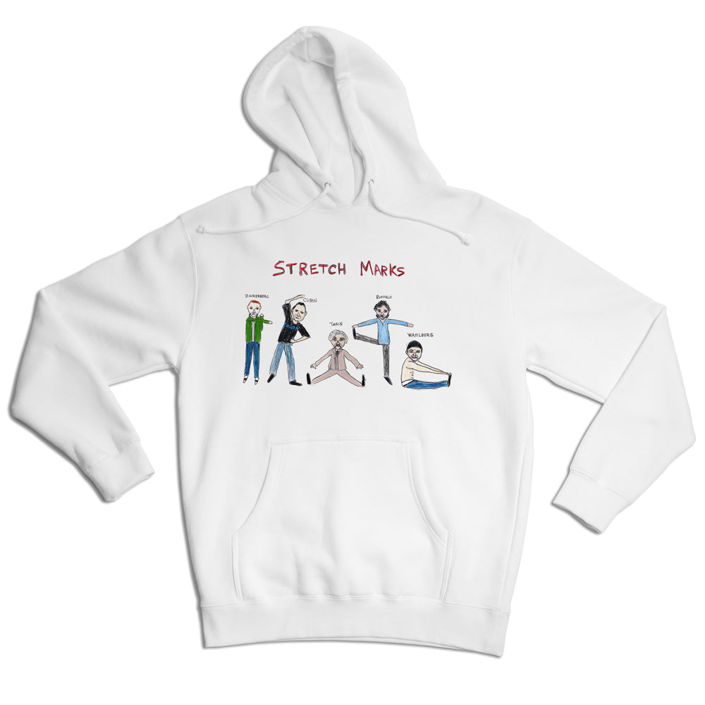 A white hoodie with a cartoon design titled "stretch marks," featuring six diverse characters engaging in various yoga poses, each with an amusing facial expression.