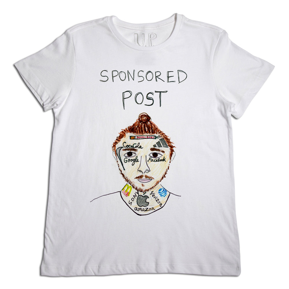 White t-shirt with the text "sponsored post" and a colorful drawing of a recycling bin overflowing with branded trash from coca-cola, google, facebook, and amazon.