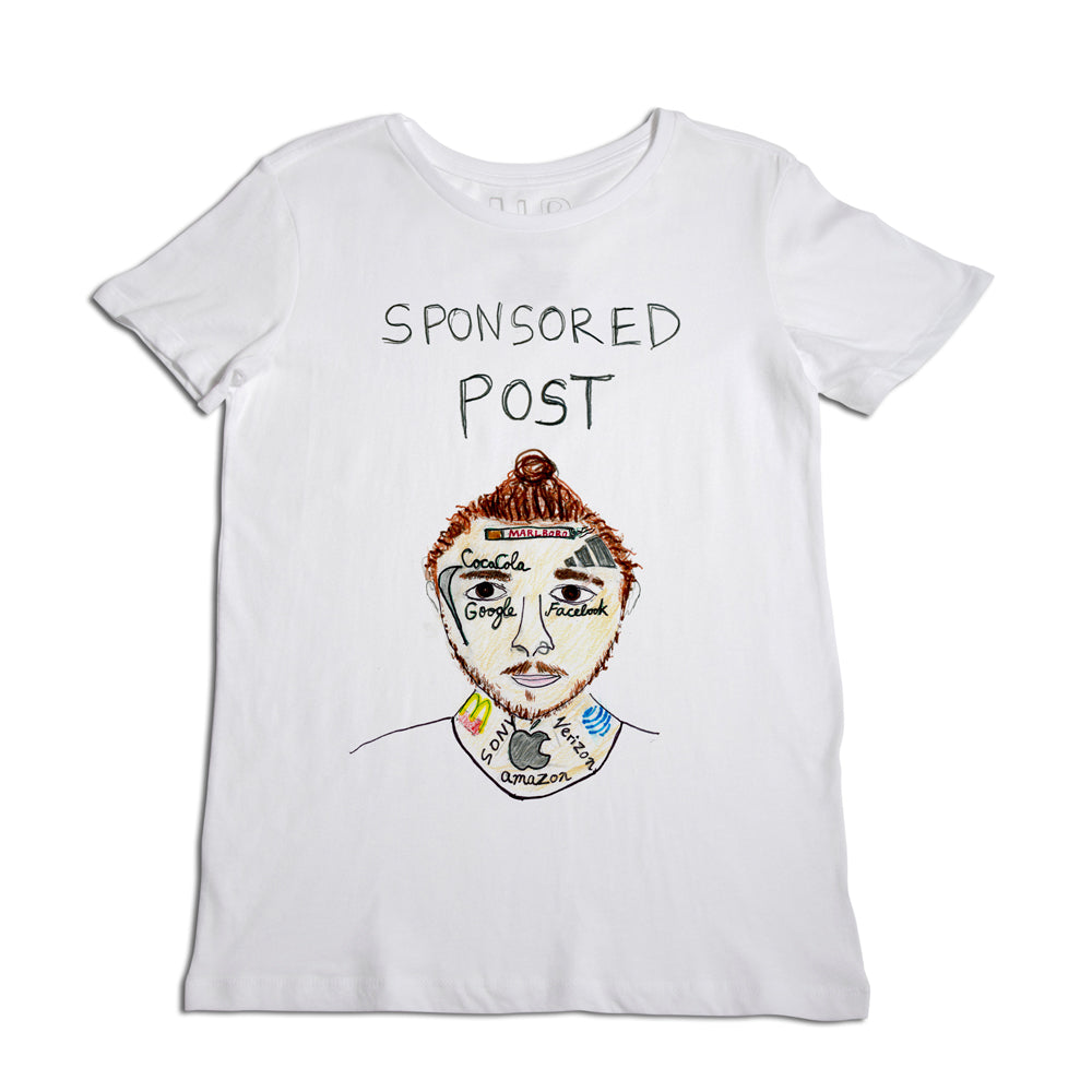 A white t-shirt featuring a hand-drawn face with a top knot hairstyle, labeled with the words "sponsored post" and decorated with logos like coca-cola, google, facebook, and amazon.