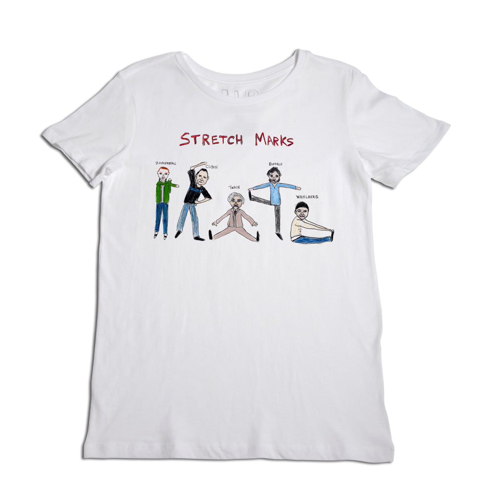 A white t-shirt features a graphic of four cartoon-style figures with labels "mango," "tiger," "fire," and "whites." above them is the text "stretch marks." each character is styled uniquely, representing diverse skin stretches.