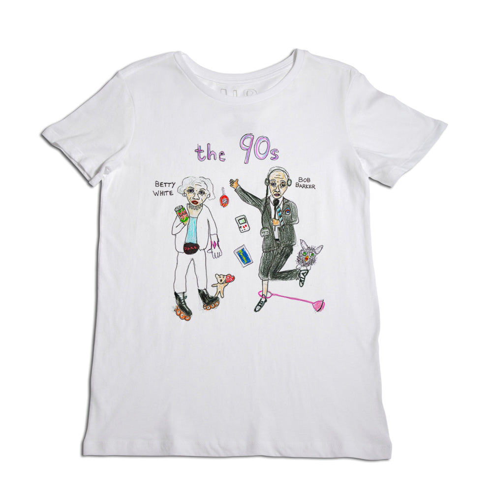 A white t-shirt with a colorful illustration featuring two elderly characters dressed in '90s fashion, holding nostalgic items like a flip phone and a cassette tape.
