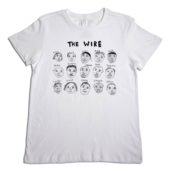 White t-shirt with illustrations of characters' faces from the tv show "the wire," along with their names labeled under each face, arranged in several rows.