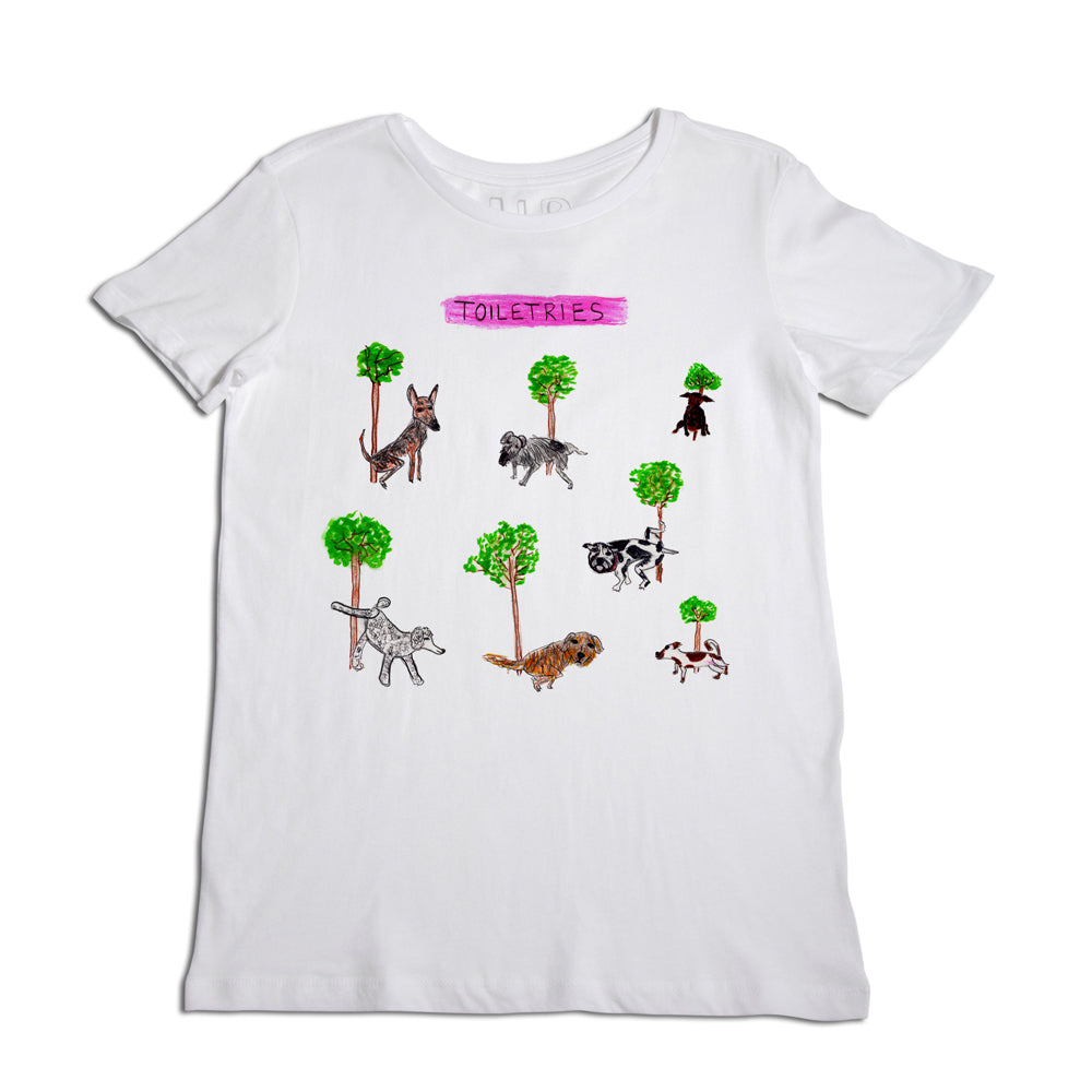 White t-shirt with colorful designs featuring six dogs in various poses under trees. the word "toiletries" is printed at the top in purple.