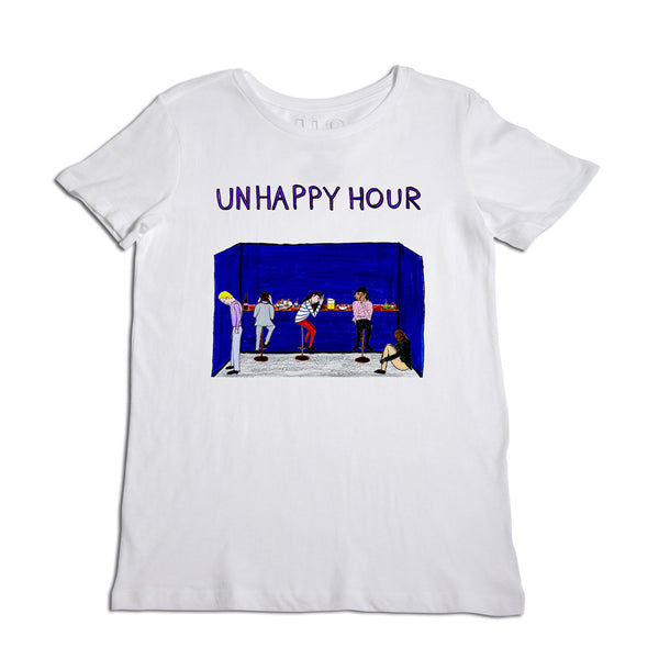 White t-shirt with a graphic featuring a parody of edward hopper's "nighthawks" titled "unhappy hour," depicting classic cartoon characters in a bar setting.