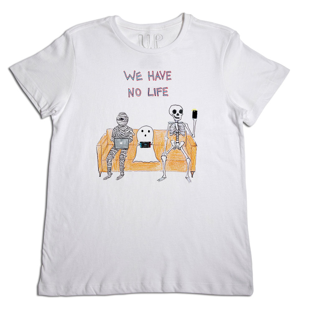 White t-shirt with a humorous graphic of three skeletons sitting on a bench. the skeletons are depicted as if taking a selfie, with the text "we have no life" above them.