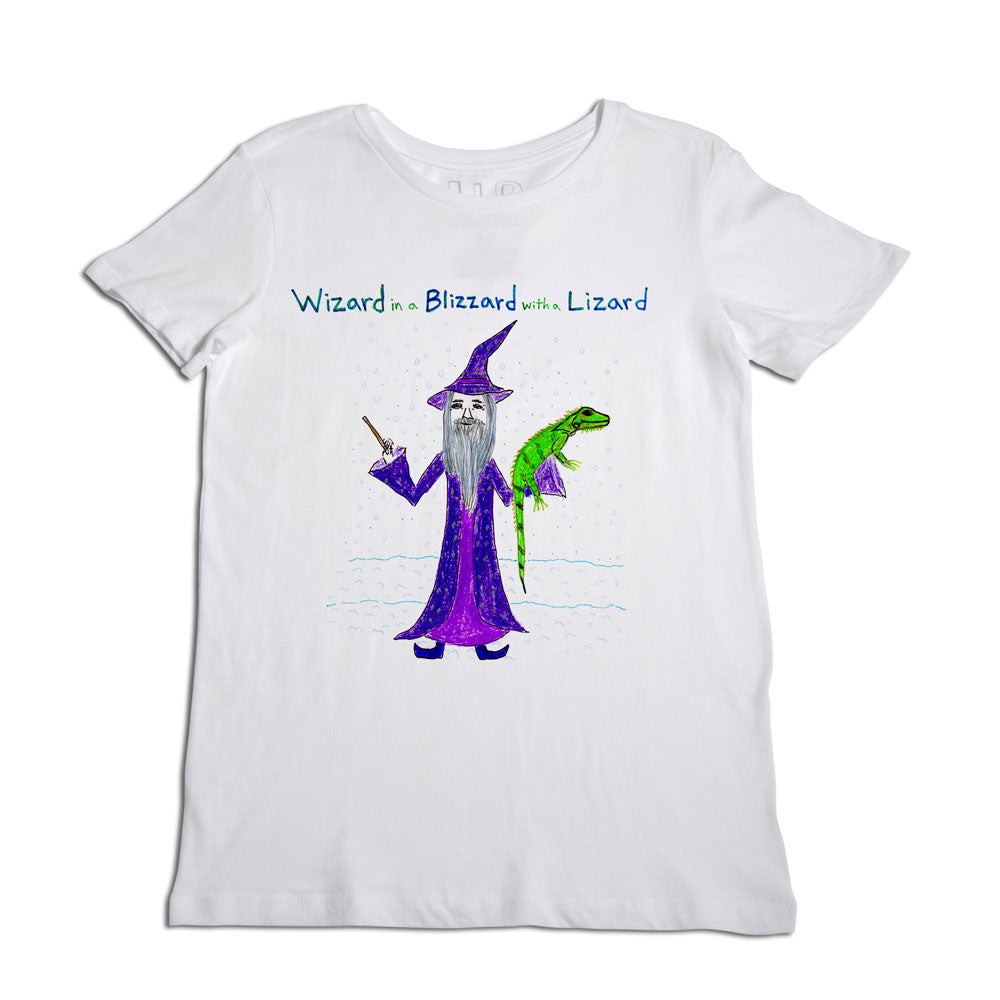 White t-shirt featuring a colorful drawing of a wizard in a purple robe holding a wand and a green lizard, with the text "wizarding blizzard with lizard" above.