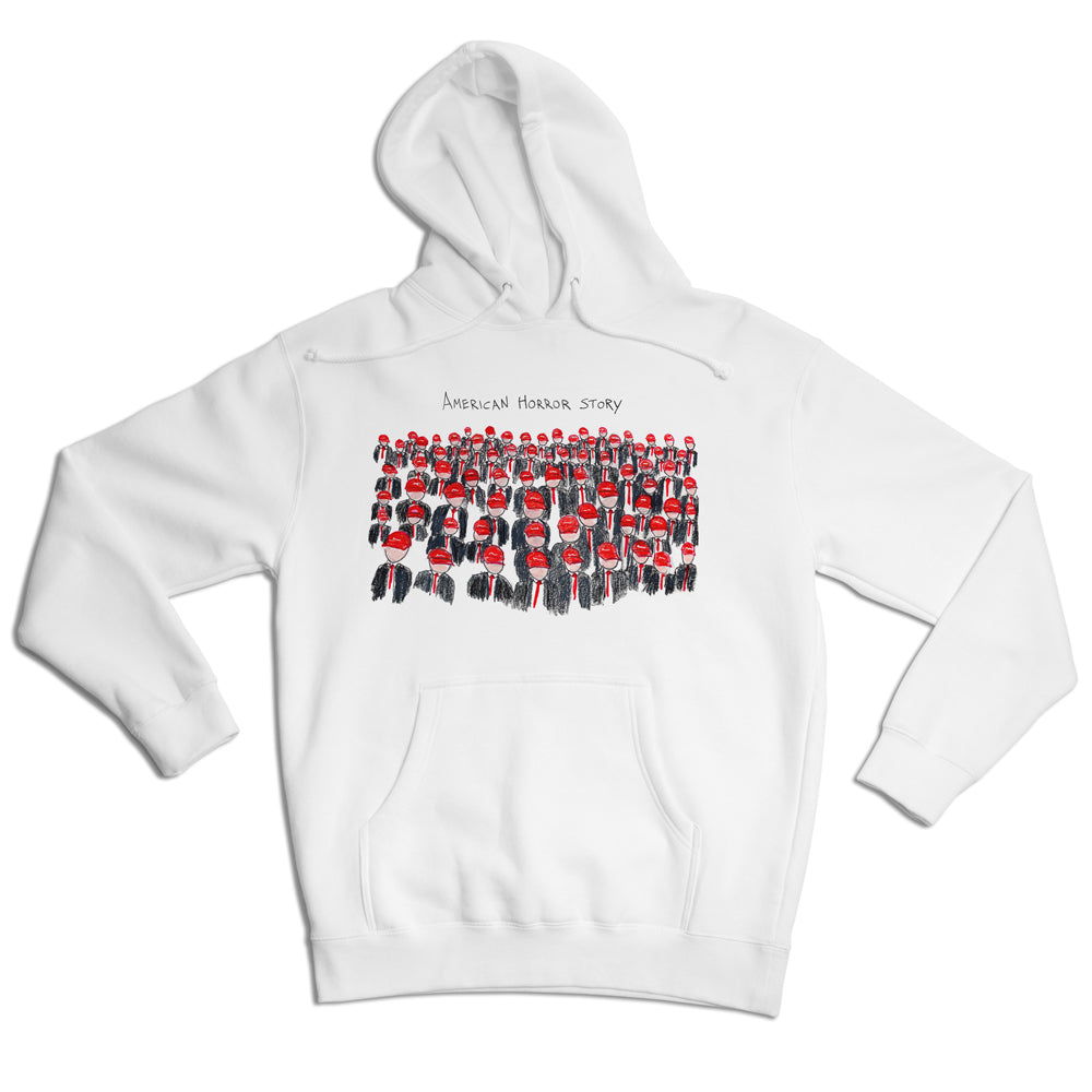 White hoodie with "american horror story" text and a graphic of numerous small red figures on the front, displayed on a plain background.