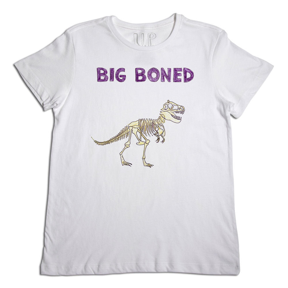 A white t-shirt with the phrase "big boned" in purple letters above a graphic of a tyrannosaurus rex skeleton.