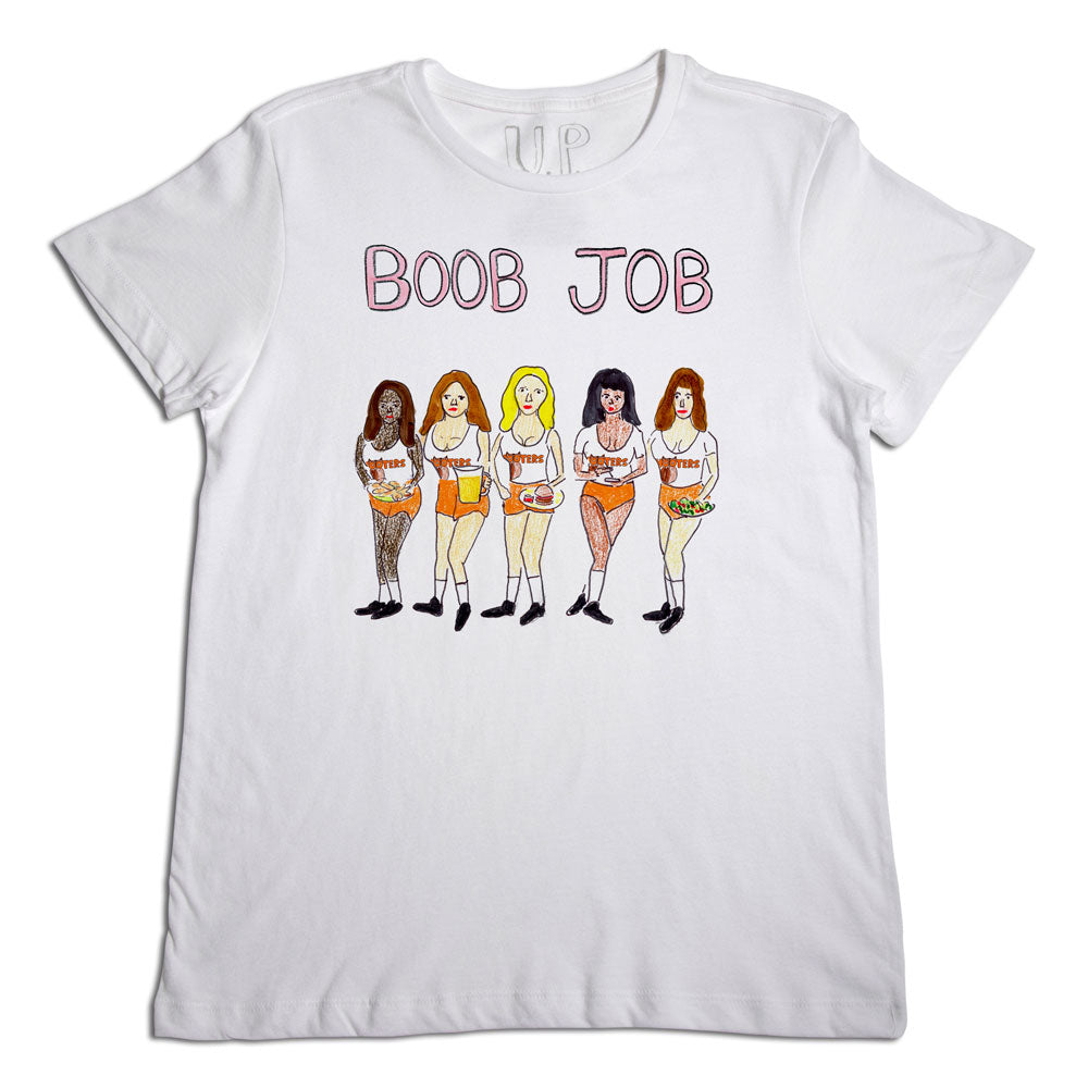 White t-shirt with an illustration of five diverse women, each holding a fruit bowl, and the phrase "boob job" in pink letters above the figures.