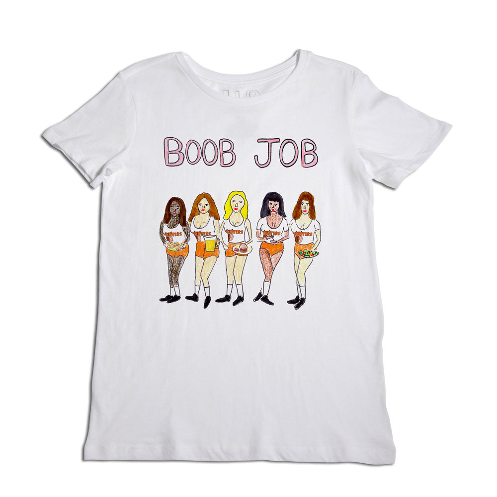 White t-shirt with a graphic of five diverse women standing side by side, each with a different bust size, and the slogan "boob job" printed above in pink letters.