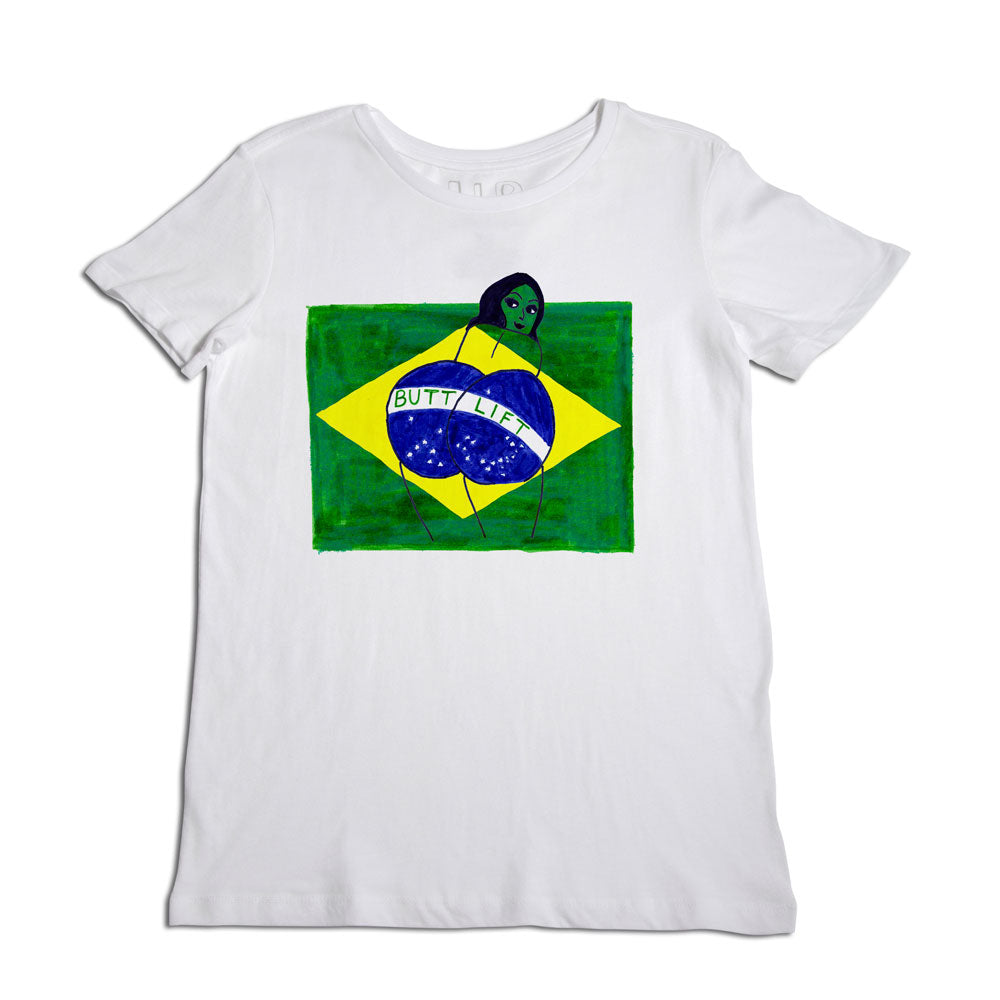White t-shirt with a colorful graphic of the brazilian flag and a stylized woman's face superimposed over it, along with the text "butt life" at an angle. the background is a rough green square.