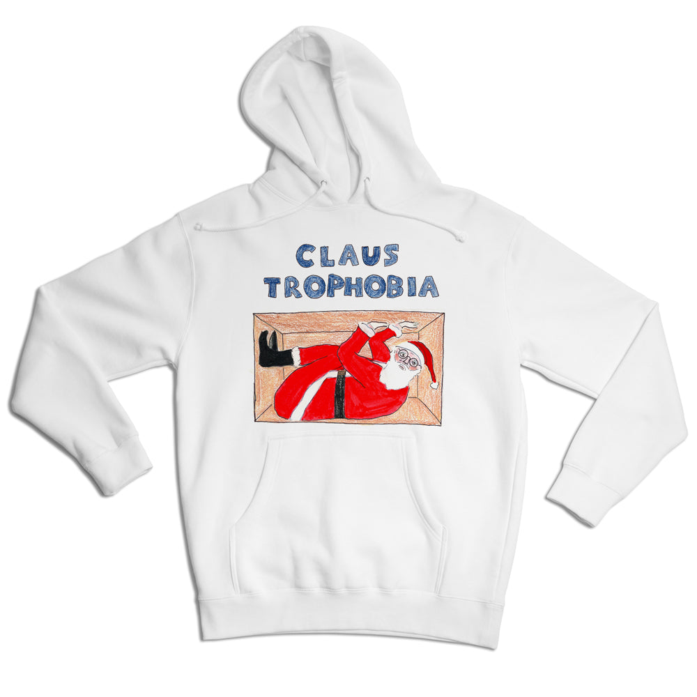 White hoodie with a graphic design featuring a cartoon-like santa claus stuck in a chimney, underlined by the text "claustrophobia" in bold blue letters.