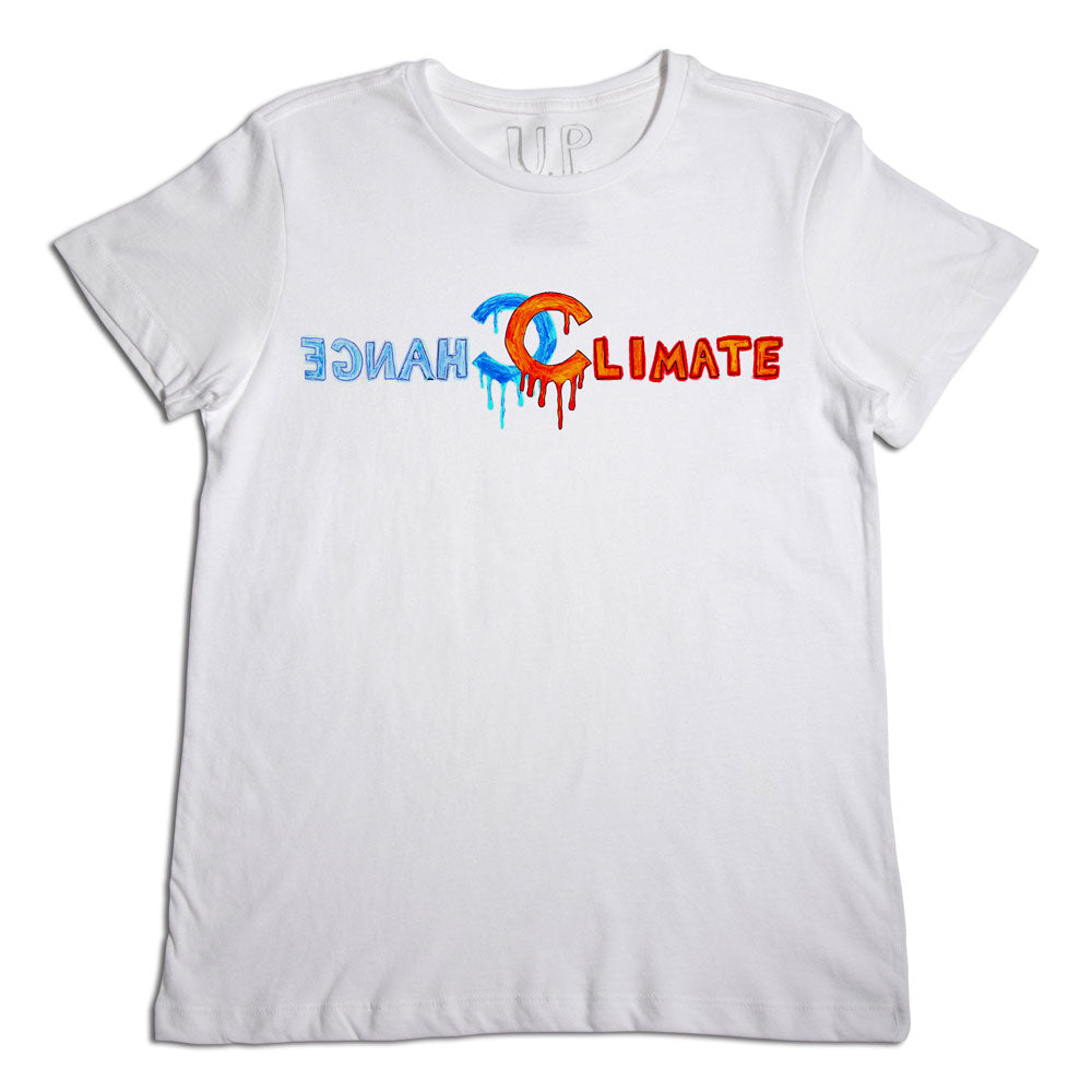 White t-shirt with the word "change" written in colorful, dripping letters above the word "climate" on a plain background.
